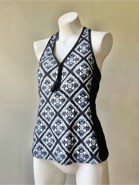 Beach House | Geometric Tile Tie Dye Zip Up Racerback Tankini Swim Top